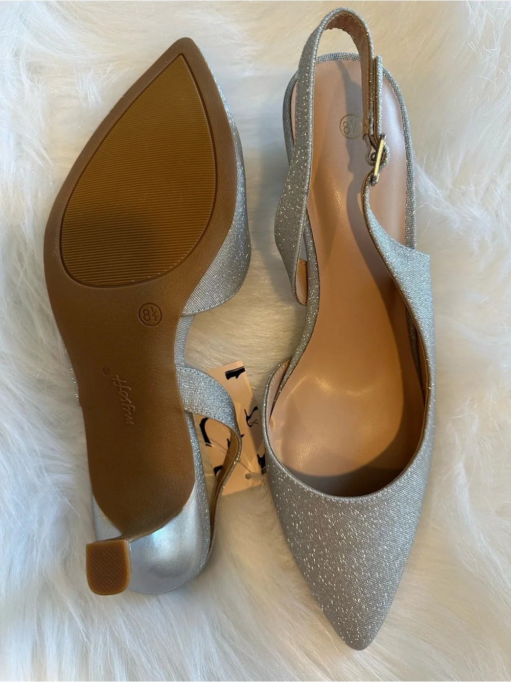 Mysoft Silver Glitter Slingback Kitten Heel Pumps Sz 8.5 NWT